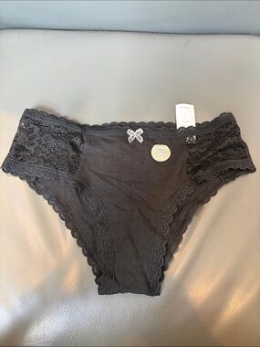 Black Lace Cotton Cheeky Bikini Briefs with Bow